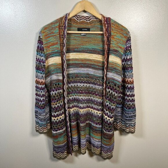 Ali Miles Crochet Cardigan Sweater Size Small Open Front Colorful Art to Wear - Picture 1 of 12